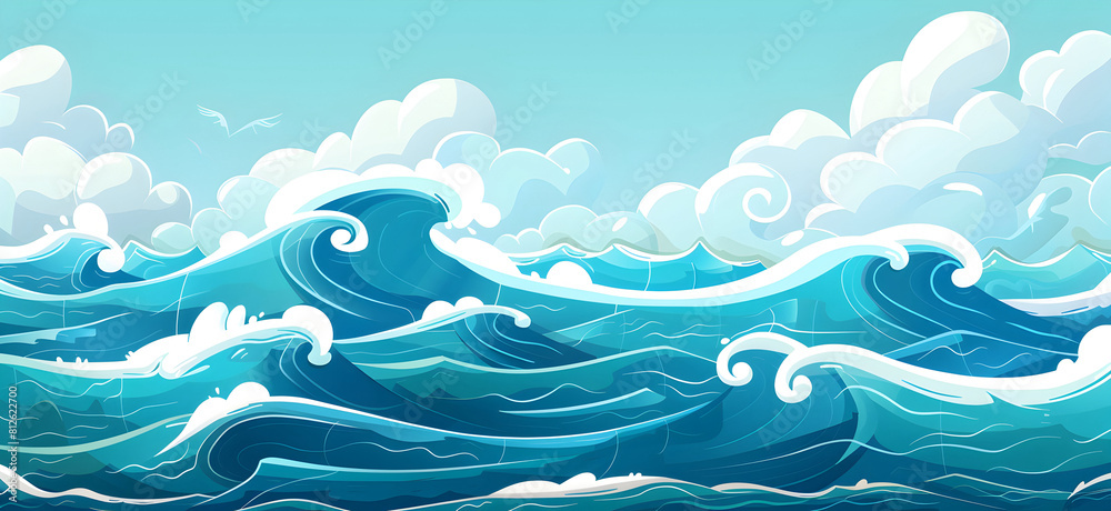 Ocean waves, sea waves, peaceful ocean, sea before storm, flat style illustration, seagulls, horizontal orientation Ocean waves, sea waves, peaceful ocean, sea before storm, flat style illustration, seagulls, horizontal orientation