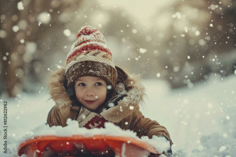 Young kid with a bright smile holding a sled, rejoices in the falling snow Young kid with a bright smile holding a sled, rejoices in the falling snow
