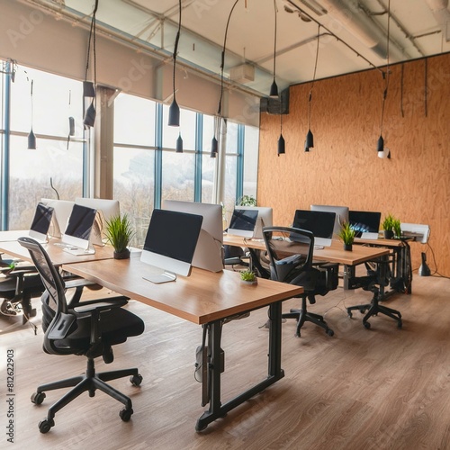 Wallpaper Mural Wooden coworking interior with pc computers on desks in row, panoramic window Torontodigital.ca