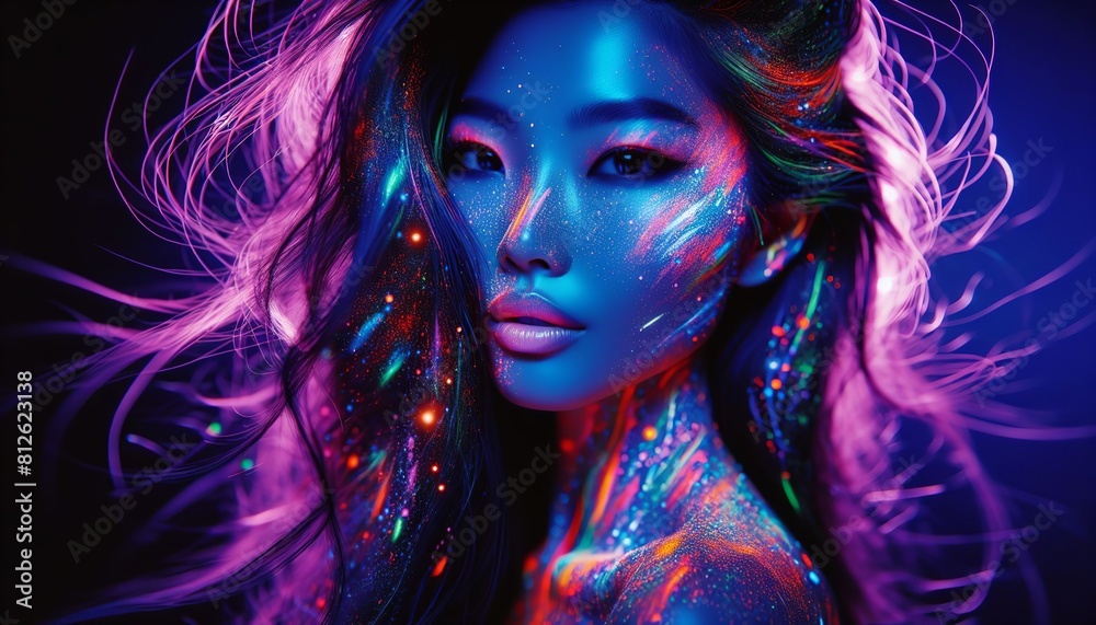 Striking young woman as a fashion model with fluorescent makeup under neon UV light, artistic portrait with vibrant color highlights. Striking young woman as a fashion model with fluorescent makeup under neon UV light, artistic portrait with vibrant color highlights.