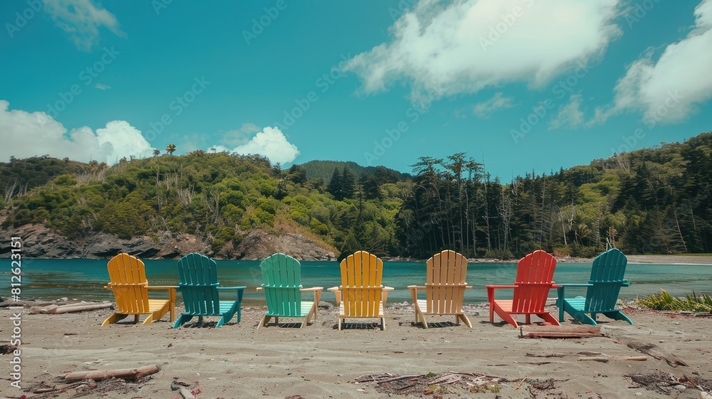 Fototapeta premium Colorful wooden beach chairs are arranged in a row while people revel in the freedom of the majestic natural surroundings