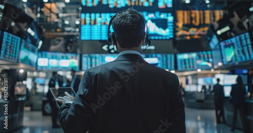 Professional broker monitoring financial markets on digital screens in busy stock exchange office