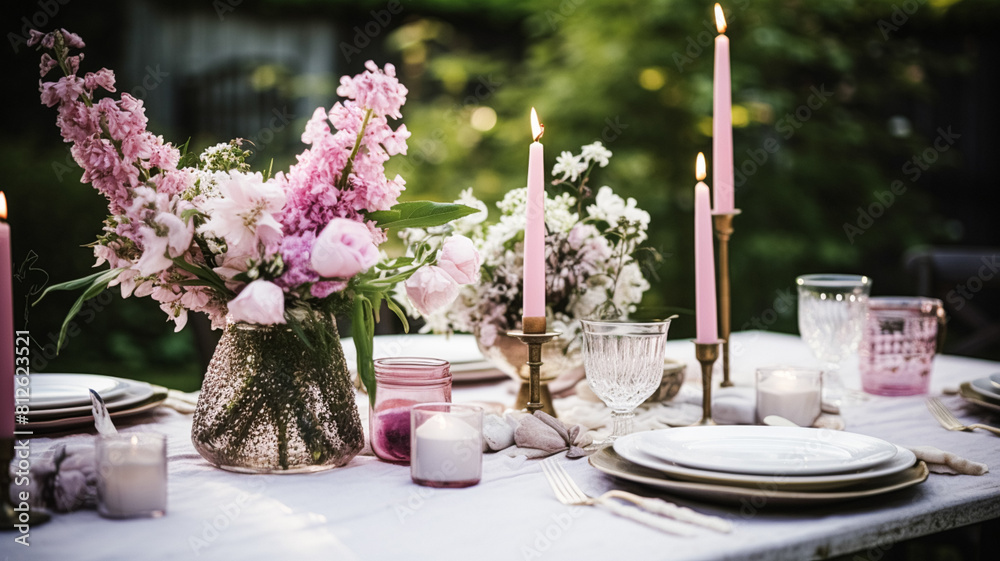 Table decor, holiday tablescape and dinner table setting in countryside garden, formal event decoration for wedding, family celebration, English country and home styling inspiration Table decor, holiday tablescape and dinner table setting in countryside garden, formal event decoration for wedding, family celebration, English country and home styling inspiration