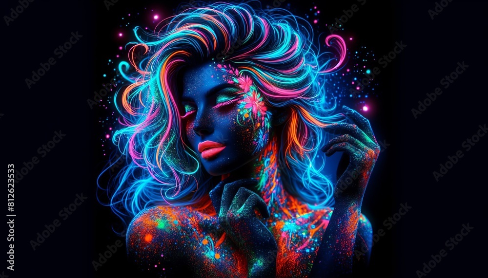 Striking young woman as a fashion model with fluorescent makeup under neon UV light, artistic portrait with vibrant color highlights. Striking young woman as a fashion model with fluorescent makeup under neon UV light, artistic portrait with vibrant color highlights.