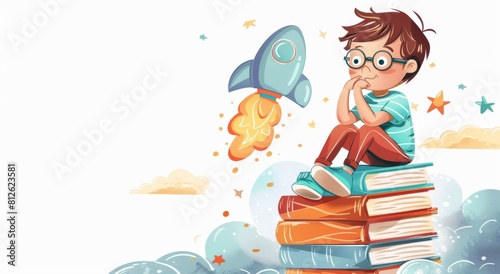 Cute little boy with glasses dreaming of space adventures while sitting on books © Georgii