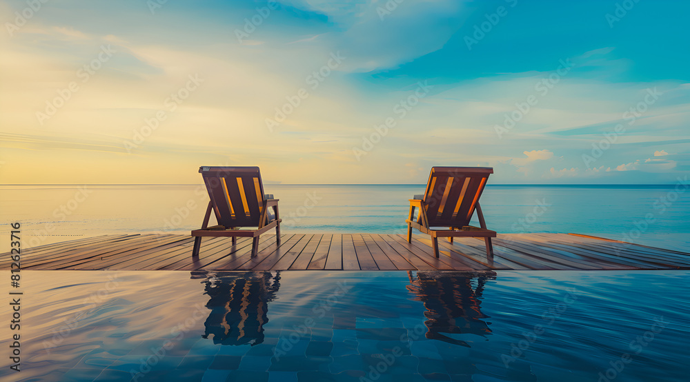 Two beach chairs are on a wooden pier overlooking the ocean. The scene is peaceful and relaxing, perfect for a day of sunbathing and enjoying the view. Generative AI Two beach chairs are on a wooden pier overlooking the ocean. The scene is peaceful and relaxing, perfect for a day of sunbathing and enjoying the view. Generative AI