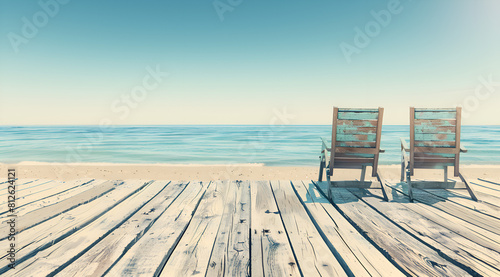 Two beach chairs are on a wooden pier overlooking the ocean. The scene is peaceful and relaxing, perfect for a day of sunbathing and enjoying the view. Generative AI