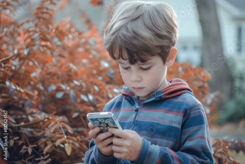 Young child is focused on his phone with autumn leaves in the background