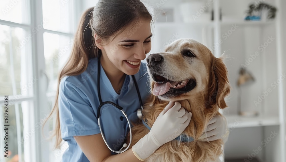 Female veterinarian in blue scrubs joyfully examines a golden retriever in a clinic