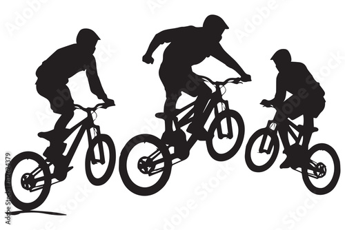 jumping bicyclist silhouettes in black on white background