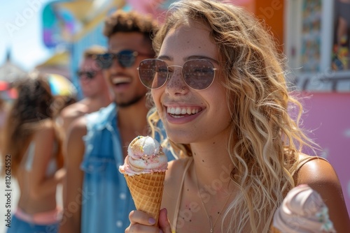 A stylish young woman with curly hair smiles holding an ice cream cone at a sunny beachside fair  embodying the essence of summer