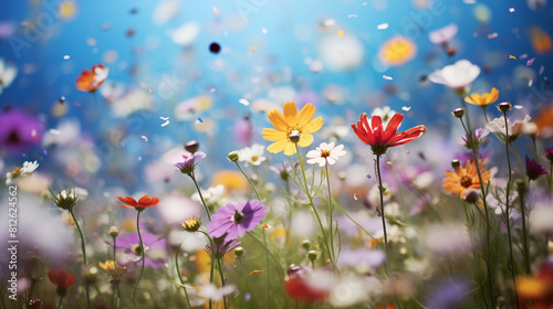 A field of wildflowers swaying in the wind  their petals blurred into a tapestry of color and movement.