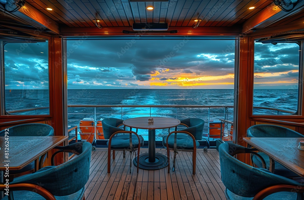 Fototapeta premium Sitting area on the cruise ship with tables and chairs overlooking the ocean, a photo taken from inside the boat looking out at sea of the interior of a modern cruise ship restaurant for dining.