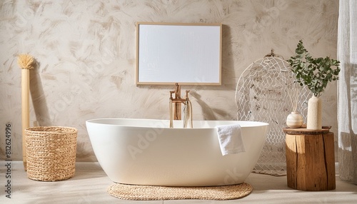 Luxurious bathroom with a modern bathtub  framed blank poster  and rustic decorations on a textured background  imbued with natural light  Generative AI.