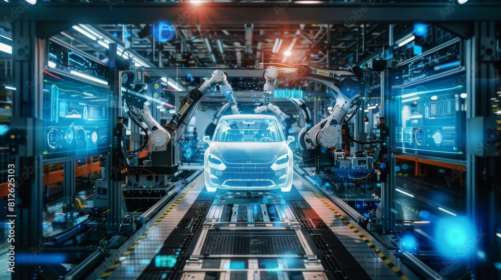 Advanced robotic arms on a high-tech automotive production line manufacturing a futuristic car Advanced robotic arms on a high-tech automotive production line manufacturing a futuristic car