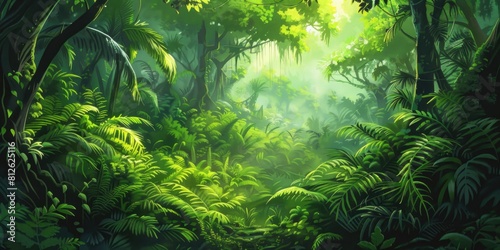 Jungle Illustration. Green Fantasy Forest Background Painting for Nature Travel Ideas photo