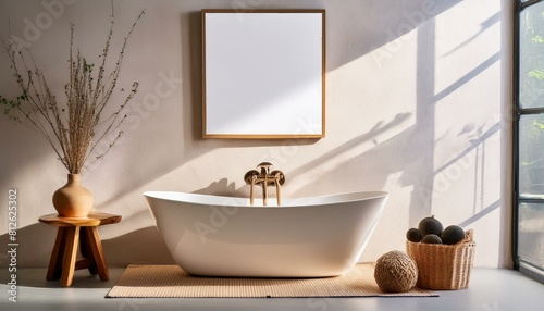 Luxurious bathroom with a modern bathtub  framed blank poster  and rustic decorations on a textured background  imbued with natural light  Generative AI.