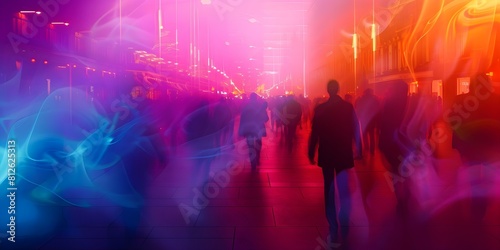 Blurry crowd in city street fog abstract urban background social issues. Concept Cityscape  Urban Background  Crowded Street  Social Issues  Abstract Art