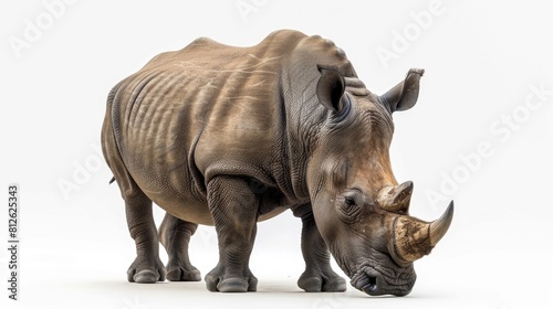A powerful rhino standing against a plain white background. Perfect for educational materials or wildlife conservation campaigns