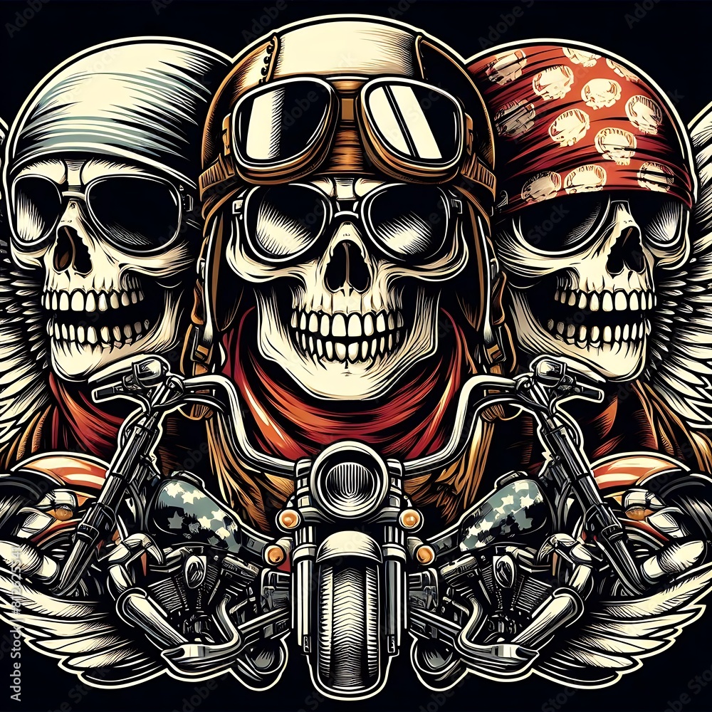 Many skulls with wings and bandanas on a motorcycle art harmony card design illustrator. Many skulls with wings and bandanas on a motorcycle art harmony card design illustrator.