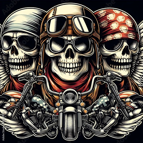 Many skulls with wings and bandanas on a motorcycle art harmony card design illustrator.