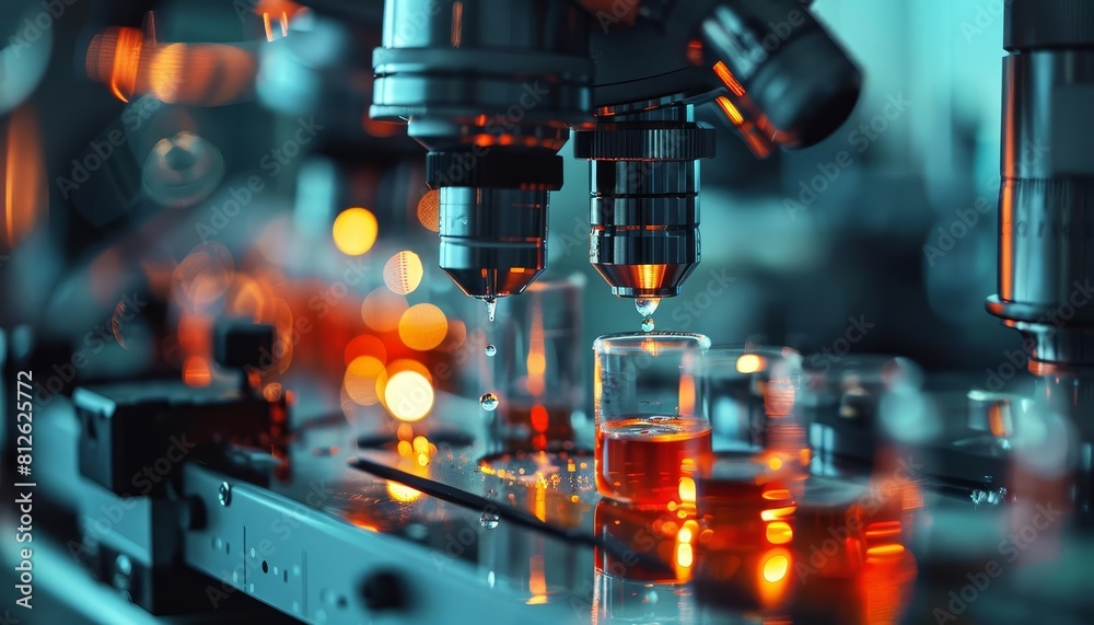 Visualize a nanotechnology lab with scientists using microscopes to manipulate individual atoms on a silicon chip Visualize a nanotechnology lab with scientists using microscopes to manipulate individual atoms on a silicon chip