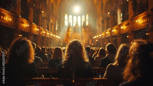Visualize a Protestant church service with a choir singing traditional hymns in a historic church