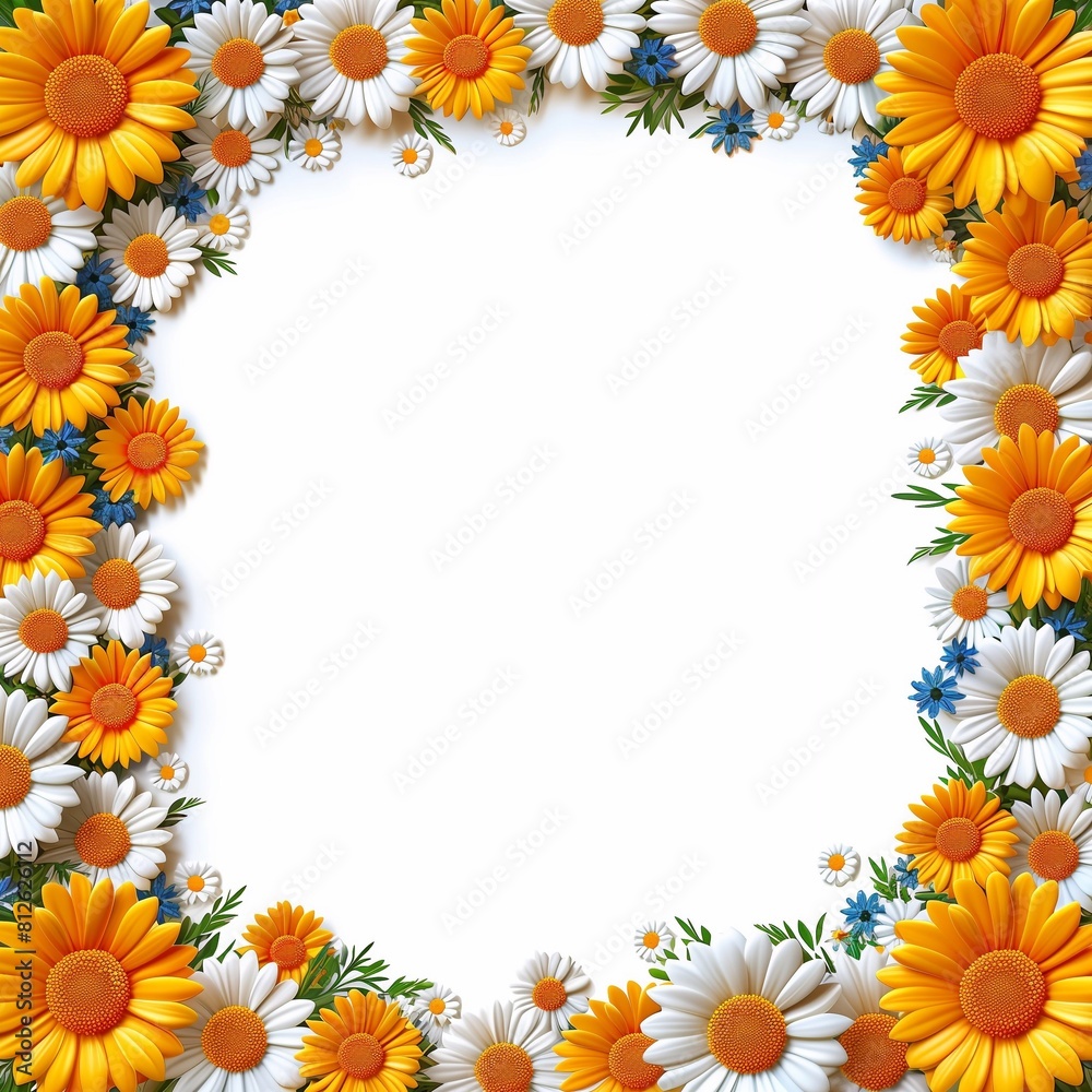 Fototapeta premium Floral square frame of daisies and rudbeckia on a white background, background for a card or poster