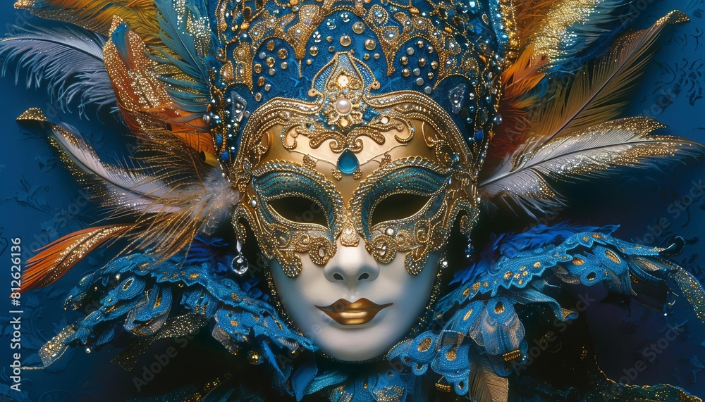 Visualize a traditional Venetian carnival mask, elaborately decorated with gold filigree, feathers, and gems, set against a dark blue background