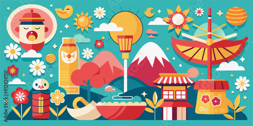 vector background with a set of Japanese summer icons for banners  cards  flyers  social media wallpapers  etc.