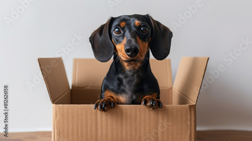 A curious black and tan dachshund puppy looks out from an open cardboard box, giving a playful and adorable expression. photo