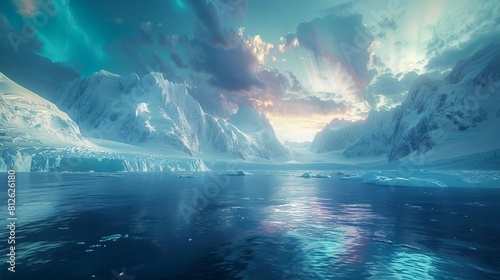 Visualize a vast Arctic landscape with towering glaciers and icebergs, bathed in the ethereal light of the polar twilight