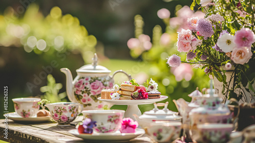 Delightful afternoon tea spread featuring a tiered cake stand brimming with cupcakes, scones, and sweet pastries, accompanied by a floral porcelain tea set photo