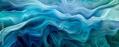 Blue and green gradient background, layered forms, wavy resin sheets