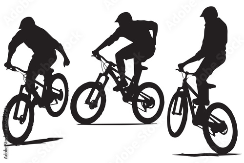 jumping bicyclist silhouettes in black on white background