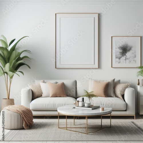 A living room with a template mockup poster empty white and with a couch and a coffee table image photo attractive has illustrative meaning.