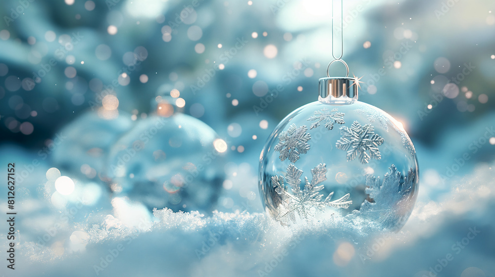Blue Christmas bauble with silver snowflakes on snowy background, copy space. Xmas background, greeting card, post card template. Festive ornament adorned with delicate snowflakes in a winter scene Blue Christmas bauble with silver snowflakes on snowy background, copy space. Xmas background, greeting card, post card template. Festive ornament adorned with delicate snowflakes in a winter scene