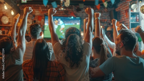 A group of fans gathered around a TV screen in a pub, erupting into cheers and hugs as they witness their team's victory. photo