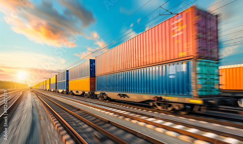 Against the background of the landscape, a high-speed freight train traverses the tracks with colorful intermodal containers, symbolizing the rapid and efficient delivery of cargo.