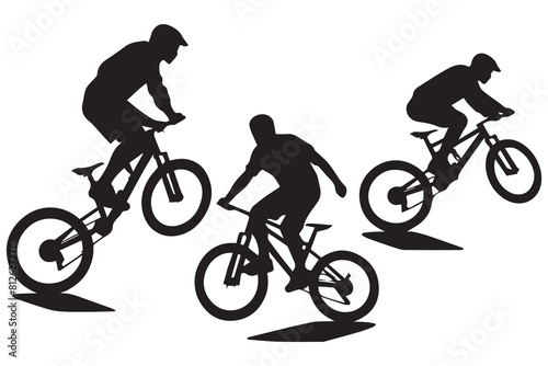 jumping bicyclist silhouettes white background
