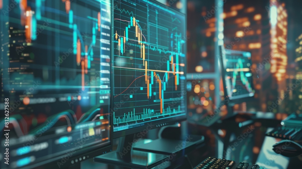 Multi exposure of chart and financial info and work space with computer background. Concept of international online trading. Digital finance and technology blend in a modern workspace Multi exposure of chart and financial info and work space with computer background. Concept of international online trading. Digital finance and technology blend in a modern workspace