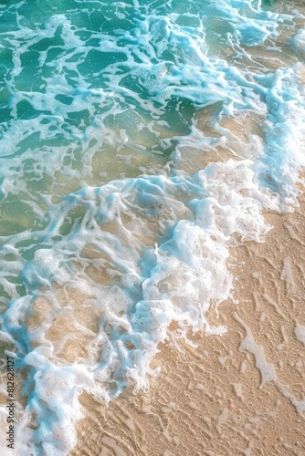 Detailed view of a wave crashing on a sandy beach  suitable for travel and nature concepts