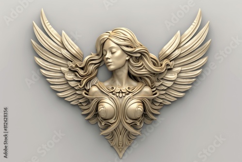 A woman with wings standing on a gray background. Suitable for fantasy or angelic themes