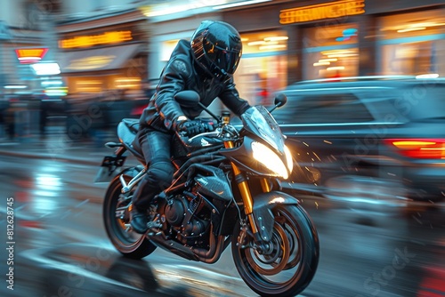 Action shot of a motorcyclist in full gear speeding on a motorcycle with motion blur in the background