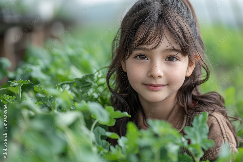 A serene young girl with a gentle smile surrounded by lush greenery in a greenhouse environment A serene young girl with a gentle smile surrounded by lush greenery in a greenhouse environment