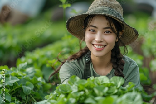 A radiant young woman with braided hair and a hat smiles warmly in a luscious green garden