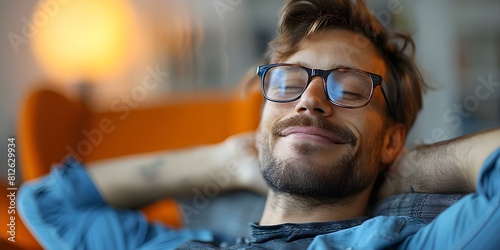 Young man wearing glasses taking a break at his home office. Concept Home Office, Break Time, Young Man, Eyeglasses, Relaxation photo