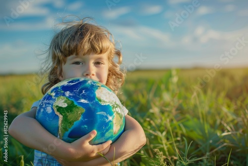 Young Girl Holding Globe in Sunlit Field, A young girl embraces a colorful globe, symbolizing her connection and commitment to Earth - Save the planet concept