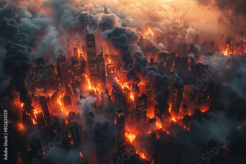 An intense aerial view of a major city overtaken by massive fires and thick smoke, evoking the end of the world as we know it