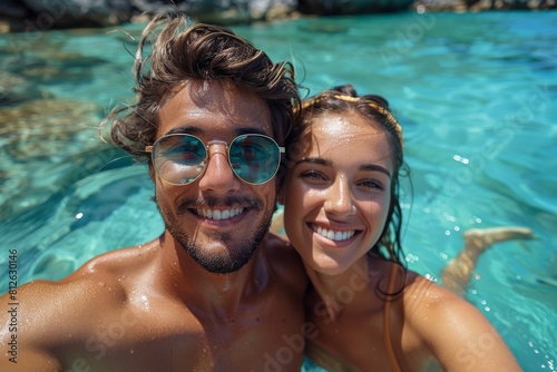 A playful couple takes an underwater selfie in clear blue water © Larisa AI